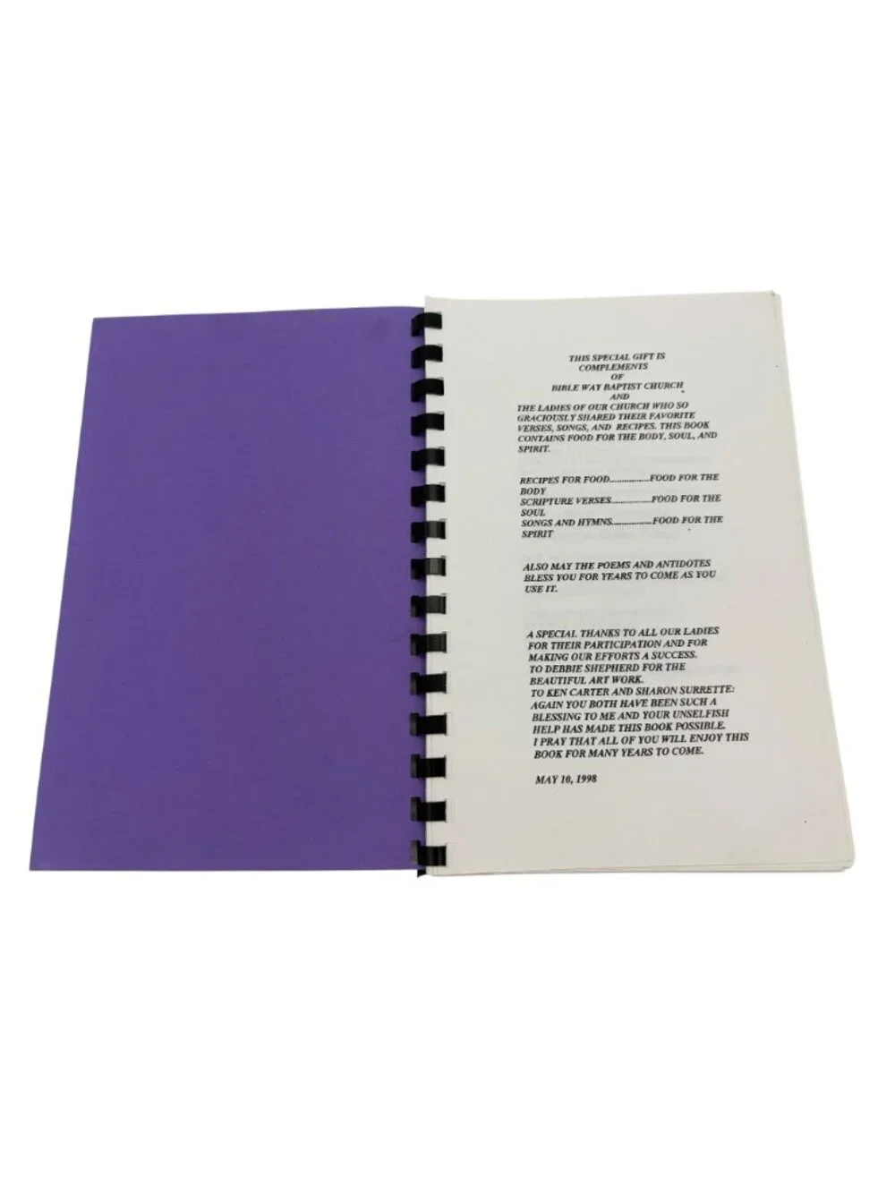 1998 Bibleway Baptist Church Mother's Day Cookbook Recipes Verse Songs Spiral PB